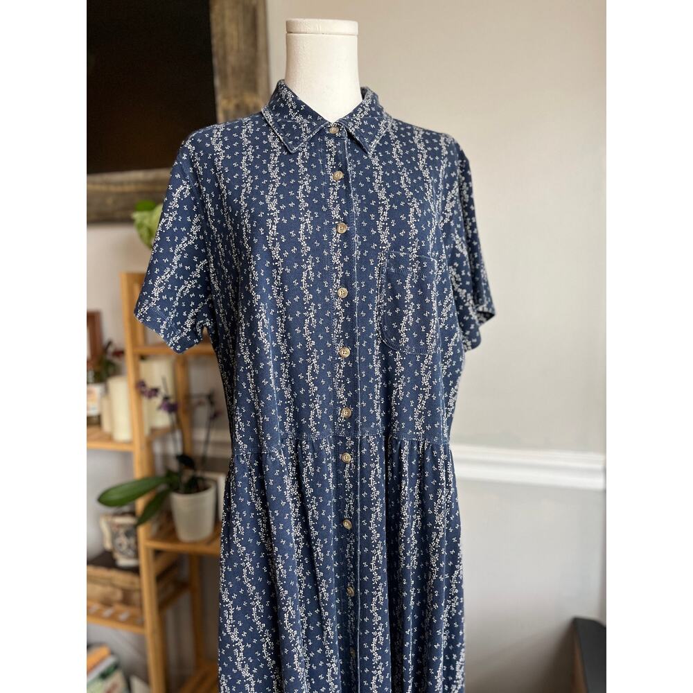 L.L.Bean Maxi Dress Blue and White Floral Button Front Cotton Size XL